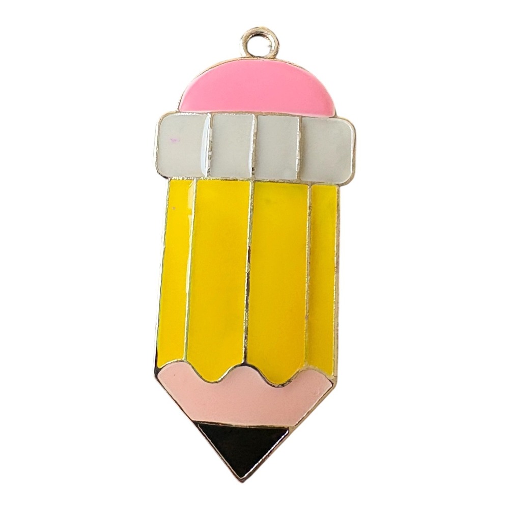 Yellow Pencil Enamel Necklace Charm Pendant Pink Gray Gold Tone School Teacher